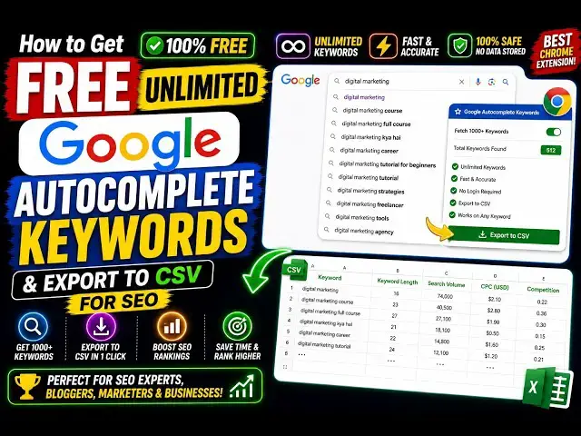 Video thumbnail for How to Get Free Unlimited Google Autocomplete Keywords & Export to CSV for SEO Best Chrome Extension