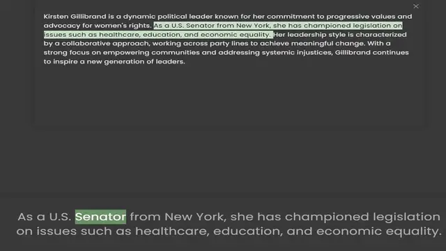Video thumbnail for advocacy for women's rights. As a U.S. Senator from New York, she has championed legislation on issues such as healthcare, education, and economic equality. Her leadership style is characterized by a collaborative approach, working across