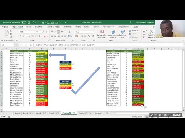 Video thumbnail for FUNÇÃO SE no Excel - Como informar a nota dos alunos e seu STATUS de aproveitamento