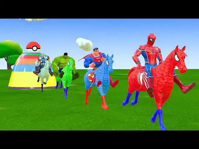 'Video thumbnail for Red HORSE SPIDERMAN Crossing On RAINBOW FOUNTAIN Bridge With Horse Superheroes Rescue Animals Game'