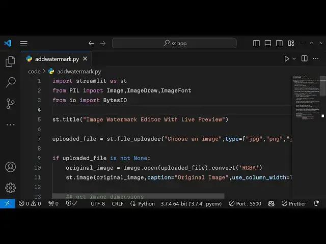 Video thumbnail for Build a Python3 Streamlit Image Editor to Add Text Watermark as Overlay Using Pillow in Browser