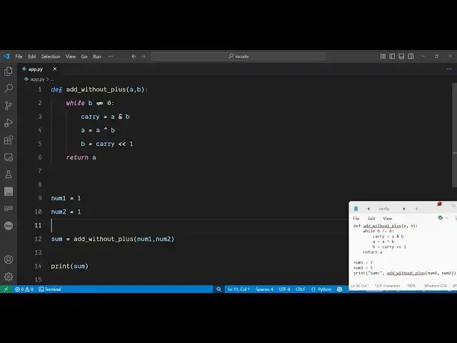 Video thumbnail for Python 3 Program to Add Two Numbers Without Using + Operator in Terminal Tutorial For Beginners