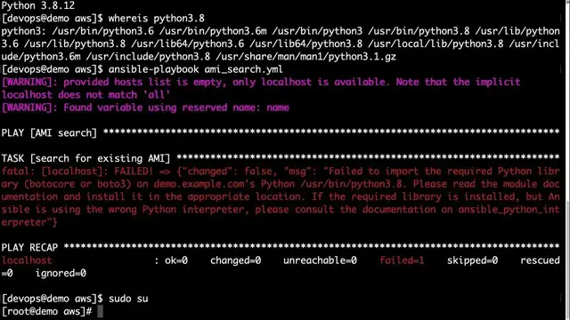 Video thumbnail for Ansible troubleshooting - AWS Failed to import the required Python library (botocore or boto3)