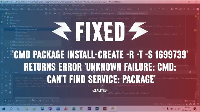 'Video thumbnail for How To Fix 'Unknown failure: cmd: Can't find service: package' in Android Studio'