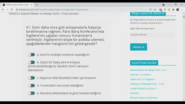 Video thumbnail for TAR201U Atatürk İlkeleri ve İnkılap Tarihi 1 Final Soruları