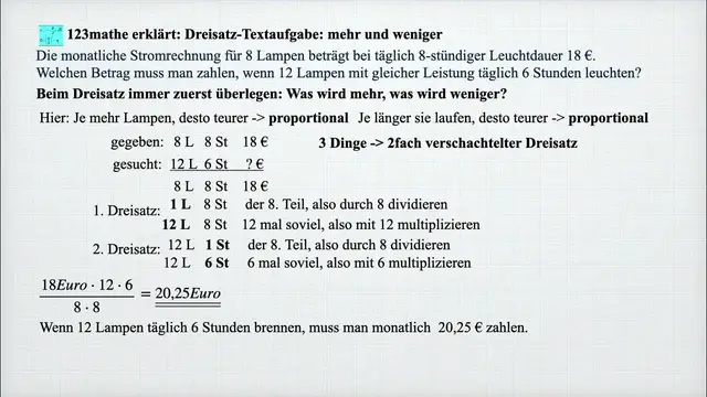 Video thumbnail for Dreisatz Textaufgabe mehr und weniger