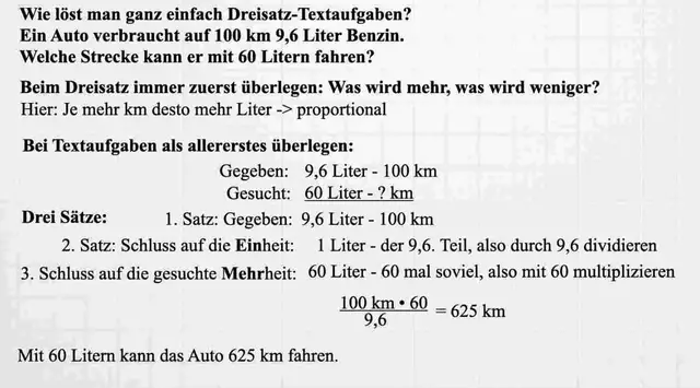 Video thumbnail for Einfacher Dreisatz Textaufgabe: Benzinverbrauch eines Autos auf km