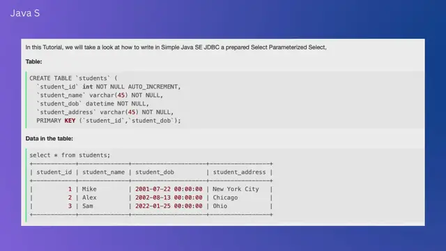 Video thumbnail for Java SE JDBC with Prepared Statement Parameterized Select Example