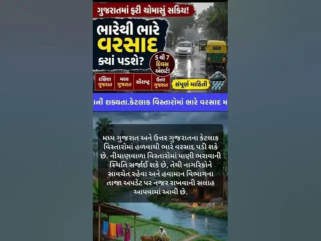 Video thumbnail for ગુજરાતમાં ફરી વરસાદી માહોલ! આગામી 5થી 7 દિવસ દરમિયાન ભારે વરસાદની આગાહી 🌧️