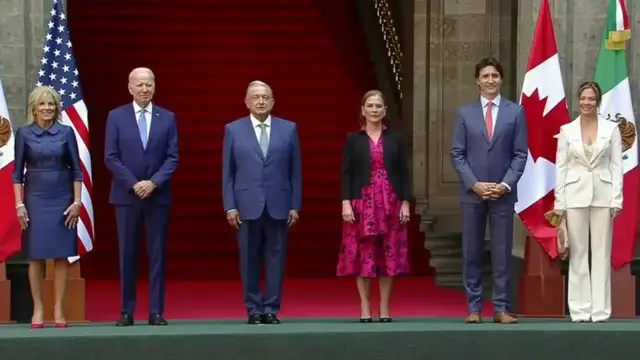 Video thumbnail for Trudeau and Biden attend welcoming ceremony for 'Three Amigos' summit