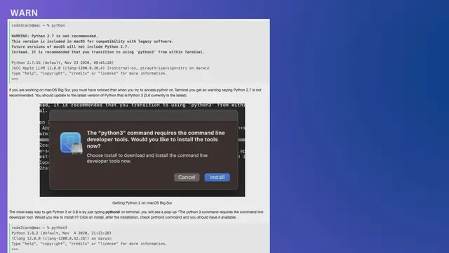 Video thumbnail for WARNING Python 2.7 is not recommended [macOS Big Sur]