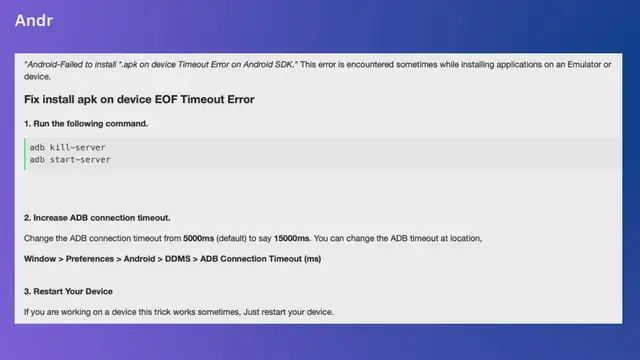 Video thumbnail for Android-Failed to install apk on device EOF Timeout Error