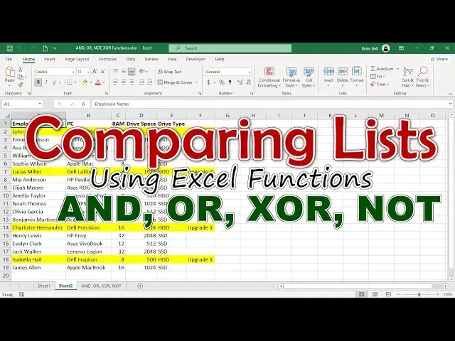 Video thumbnail for Comparing Two or More Lists using AND, OR, XOR and NOT Functions in Excel