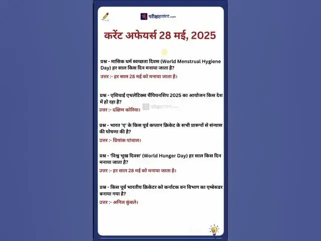 Video thumbnail for 28 May 2025 Current Affairs in Hindi #hindicurrenttaffairs #gkinhindi #todaycurrentaffairs