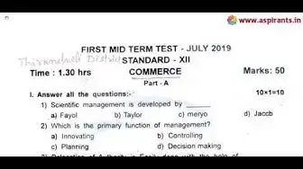 Video thumbnail for 12th Commerce First Mid Term Question Paper 2019-20 | Tirunelveli District | English Medium
