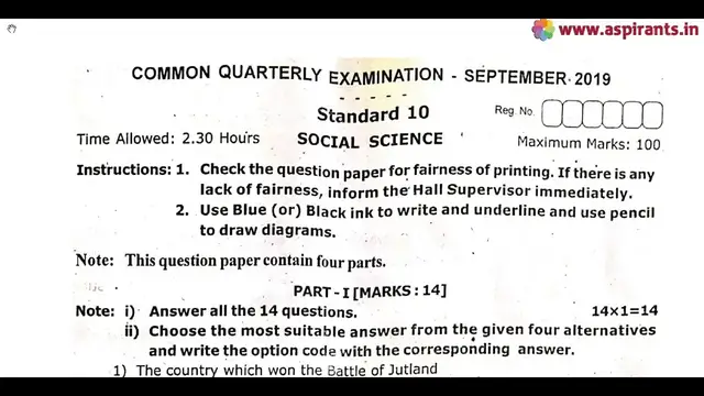 Video thumbnail for 10th Social Science Quarterly Exam Question Paper 2019-20 | English Medium