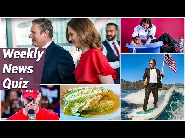 'Video thumbnail for July 12 Weekly News Quiz: Starmer's Big Win, Ancient Art, and Zuckerberg's Surfing Antics! 🌊🗳️'