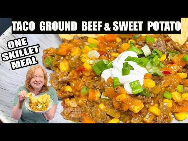 Video thumbnail for TACO GROUND BEEF & SWEET POTATO SKILLET MEAL SKINNY DISH