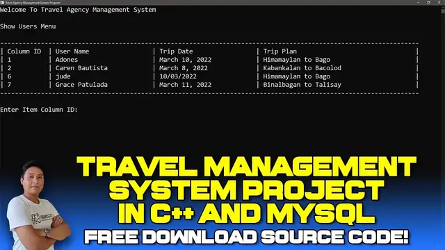 Video thumbnail for Travel Management System Project in C++ and MySQL Database (Free Download) 2022