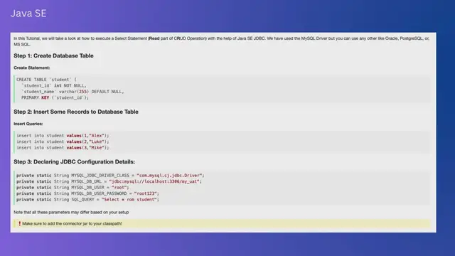 Video thumbnail for Java SE JDBC Select Statement Example