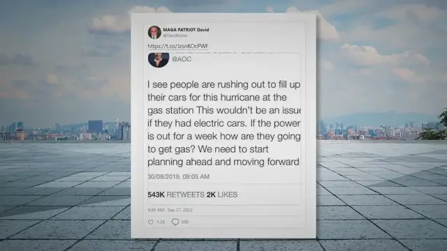 Video thumbnail for Fake AOC ‘Electric Cars’ Tweet Resurfaced in Hurricane Ian Discourse