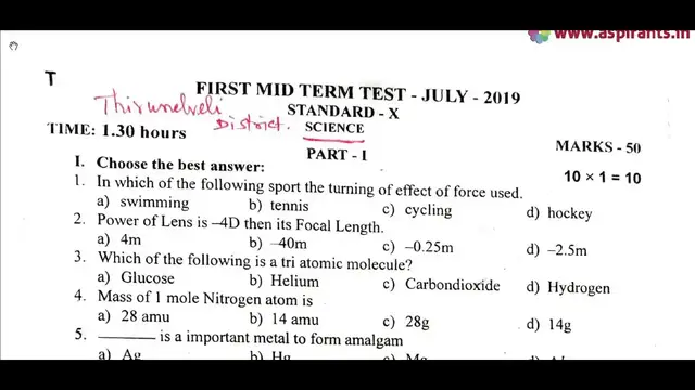 Video thumbnail for 10th Science First Mid Term Question Paper 2019-20 | Tirunelveli District | English Medium
