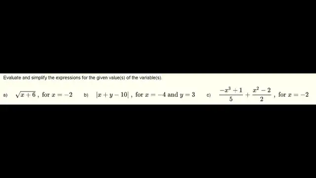 Video thumbnail for Evaluate and Simplify Expressions for Given Values of the Variables - Grade 9