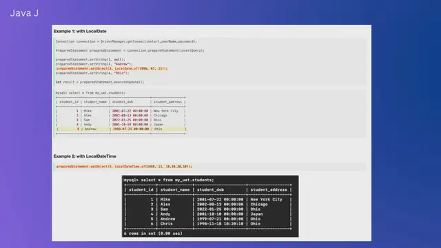 Video thumbnail for Java JDBC Insert Java 8 LocalDate and Time using PreparedStatement