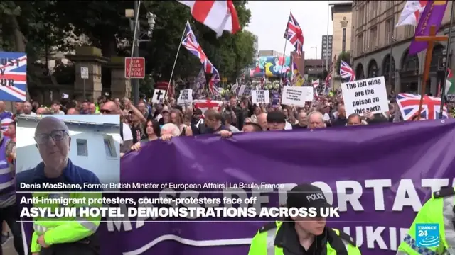 'Video thumbnail for Anti-immigrant protesters and counter-protesters face off across UK'