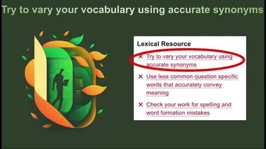 'Video thumbnail for IELTS Free Essay Check: Try to vary your vocabulary using accurate synonyms'