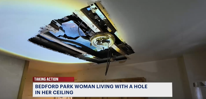 Video thumbnail for Bedford Park woman living with a hole in her ceiling for 3 weeks