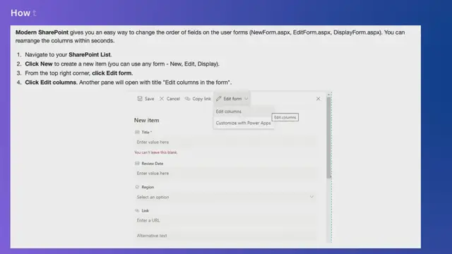 Video thumbnail for How to change order of fields on new item form for SharePoint Online list