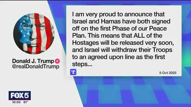 'Video thumbnail for Trump says peace deal reached between Israel and Hamas: Details'