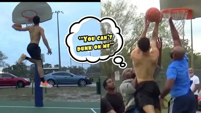 'Video thumbnail for Trash Talker Said I Couldn't Dunk On Him!! Pro Dunker Plays Pickup Basketball'