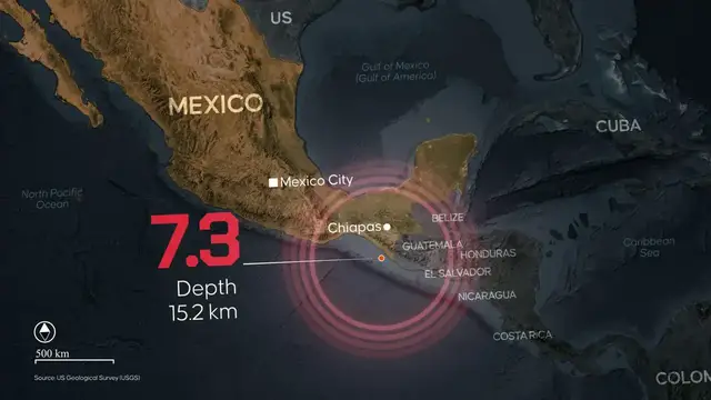 Video thumbnail for Mexico: MOTION GRAPHICS - Magnitude 7.4 quake strikes off southern Mexico, tsunami warning issued.