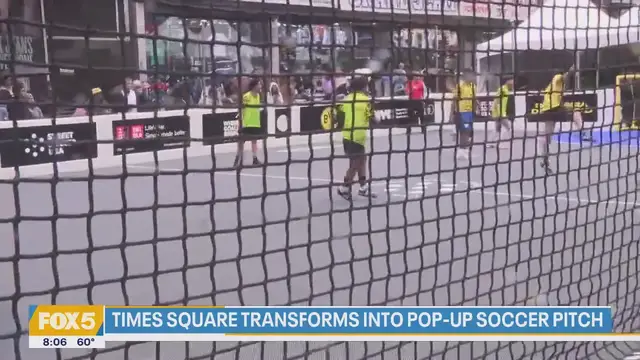 Video thumbnail for Times Square transforms into a pop-up soccer pitch in New York City