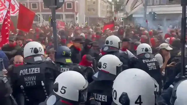 Video thumbnail for Germany: Protesters rally against rearmament, militarization in Germany’s Cologne.