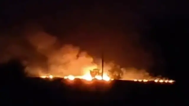 Video thumbnail for Falling debris from intercepted Iranian strikes spark fires in Kuwait