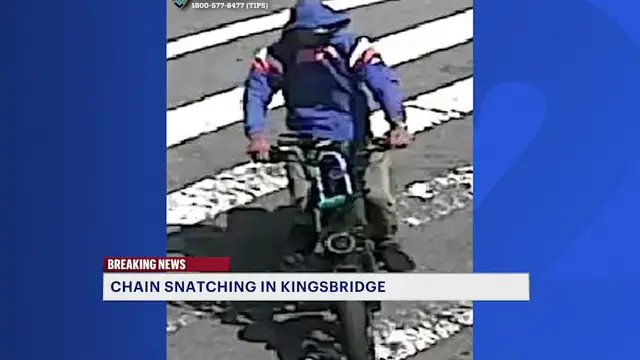 Video thumbnail for Police search for chain snatcher on e-bike who allegedly hurt woman in Kingsbridge 