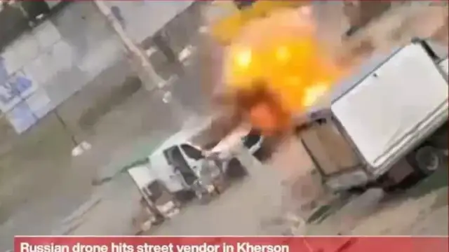 Video thumbnail for Russian drone hits street vendor in Kherson, Zelensky denounces ‘safari’ attack