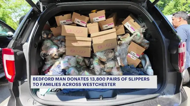 Video thumbnail for Bedford resident donates thousands of slippers to Westchester County communities