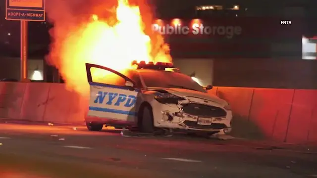 Video thumbnail for 2 NYPD officers hospitalized after patrol car overturns, catches fire on Bruckner Expressway