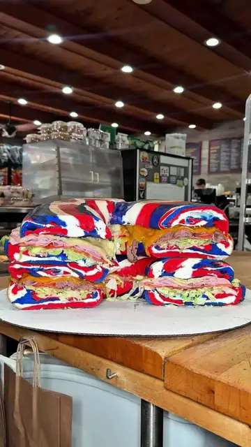Video thumbnail for Giant Red White and Blue Party Bagel with Triple Meat Filling