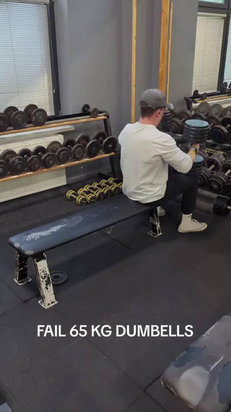 Video thumbnail for Heavy 65 Kg Dumbbell Bench Press Fail in the Gym