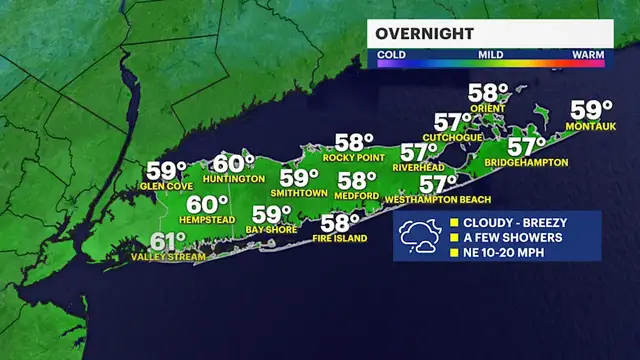 Video thumbnail for A few showers overnight across Long Island; tracking a nearby nor'easter late-week