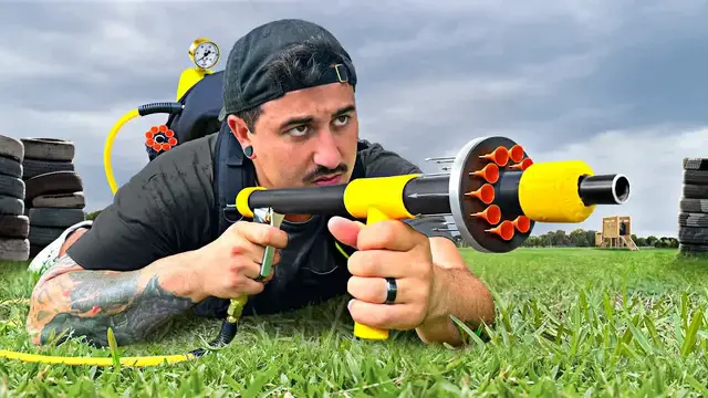 'Video thumbnail for jake carlini: builds a dart blaster that shoots through anything! diy weapon mod & target practice'