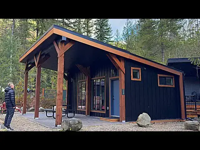 Video thumbnail for kerry tarnow: 350 sq ft prefab tiny home tour: monashee cabin at crazy creek resort