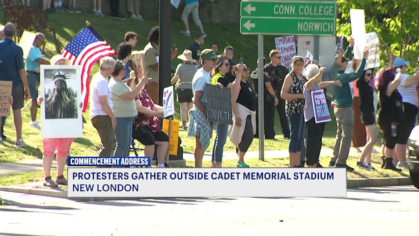 Video thumbnail for Peaceful protest held ahead of President Trump's visit to the Coast Guard Academy