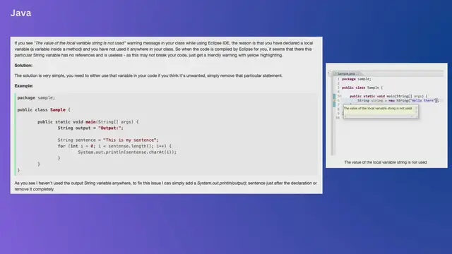 Video thumbnail for Java The value of the local variable string is not used