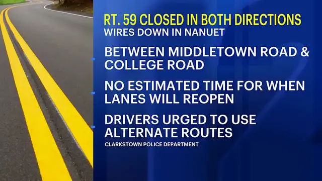Video thumbnail for Route 59 shut down in both directions after utility pole and wires fall across road in Nanuet